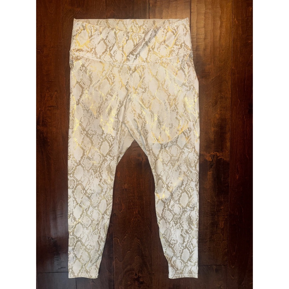 Fabletics Gold Snakeskin Metallic High Waisted Leggings Cream White 1X
